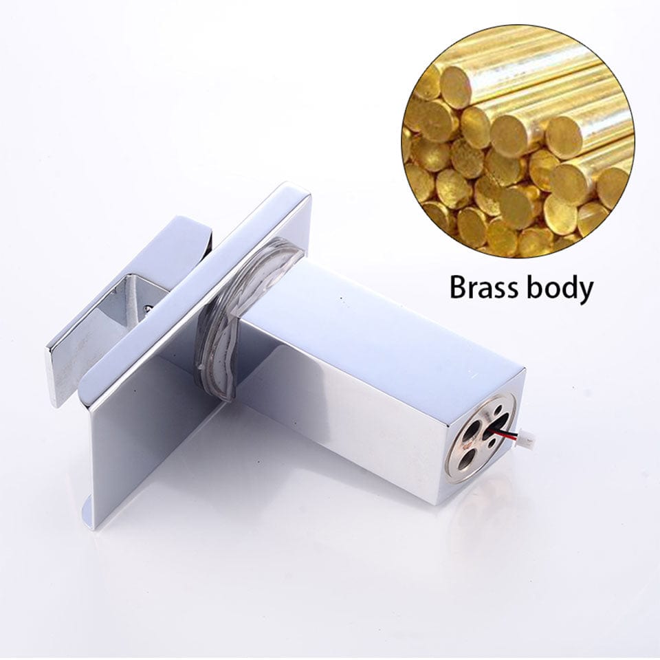 Baterie lavoar cu LED, tip cascada, argintiu cromat