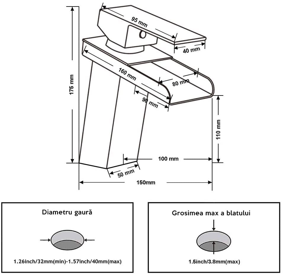 Baterie lavoar cu LED, tip cascada, argintiu cromat