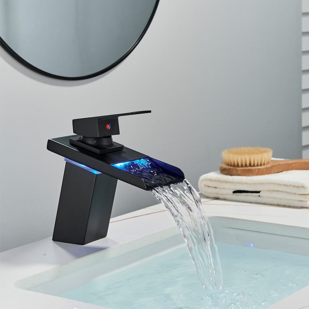 Baterie lavoar cu LED, tip cascada, cu un singur orificiu, negru