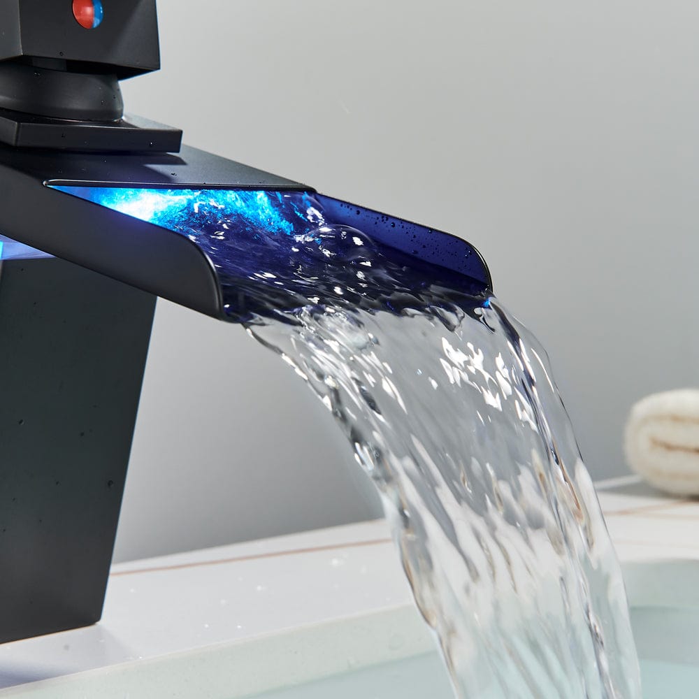 Baterie lavoar cu LED, tip cascada, cu un singur orificiu, negru