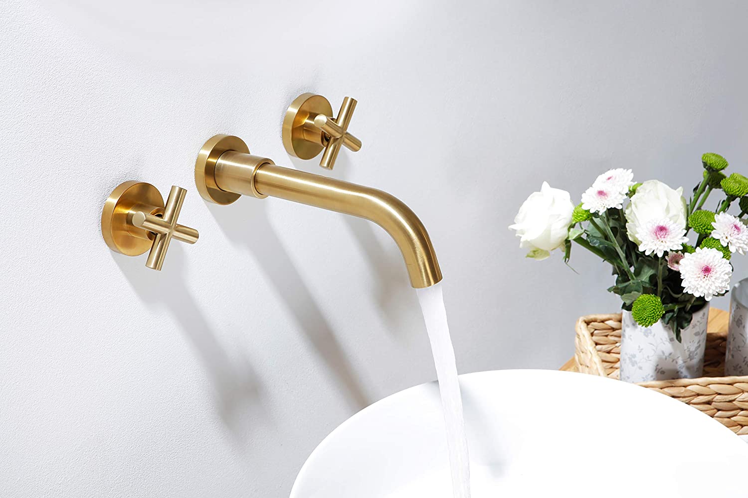 Baterie lavoar, cu montare in perete, din alama, cu 2 manere, auriu