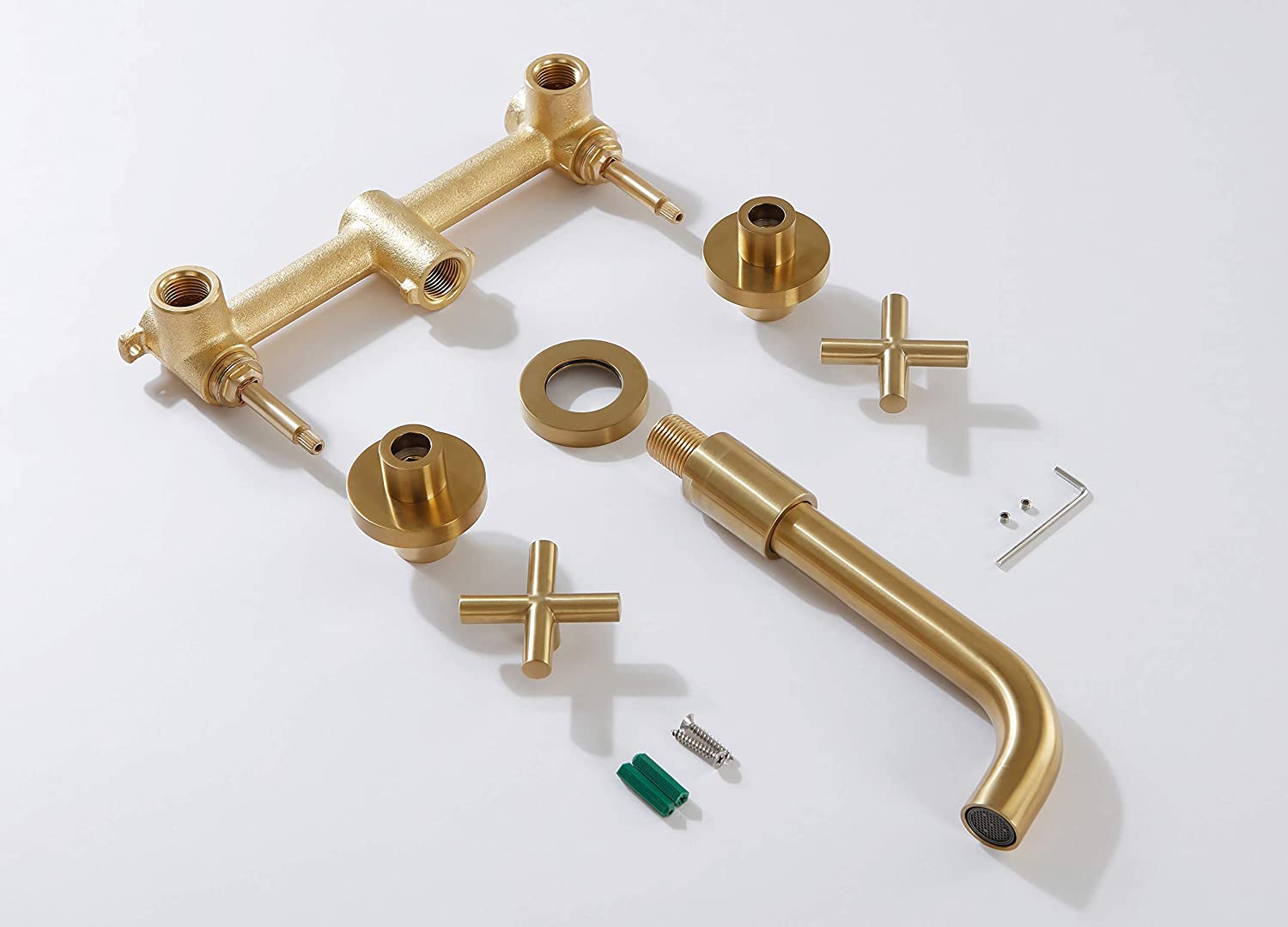 Baterie lavoar, cu montare in perete, din alama, cu 2 manere, auriu