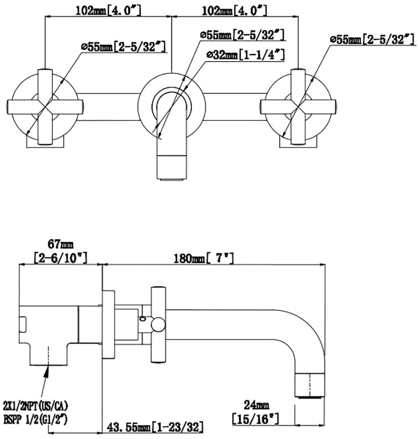 Baterie lavoar, cu montare in perete, din alama, cu 2 manere, auriu