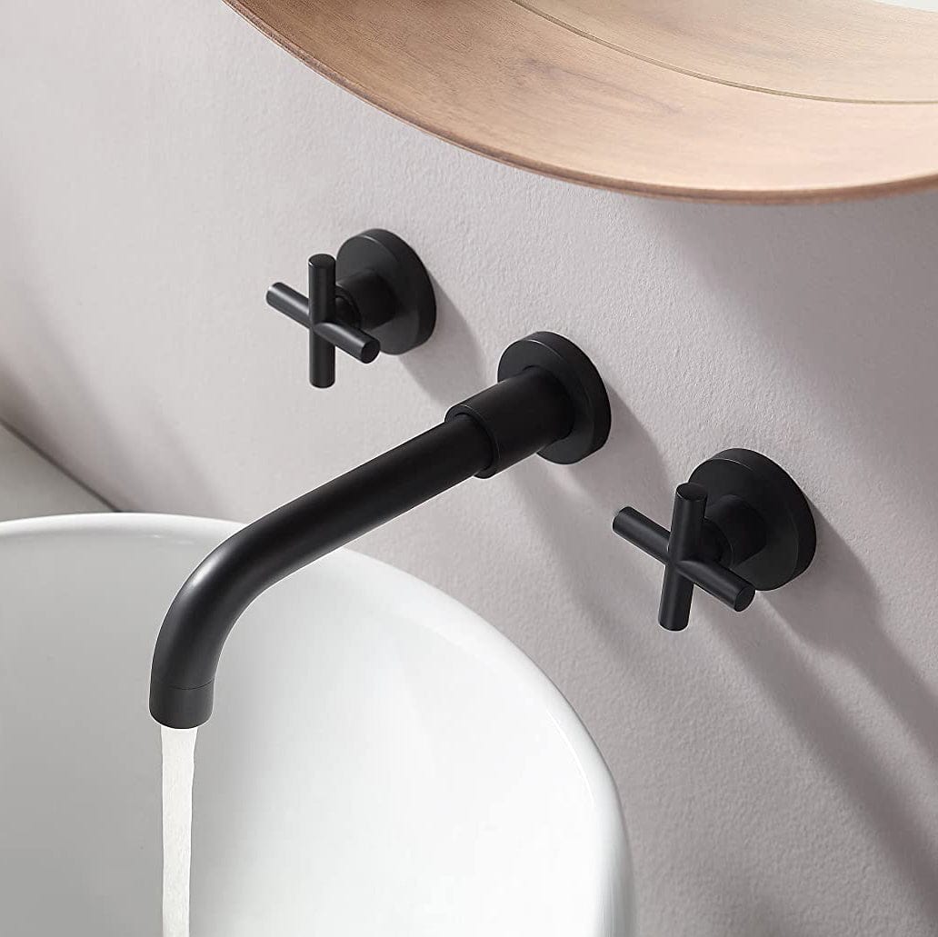 Baterie lavoar, cu montare in perete, din alama, cu 2 manere, negru mat