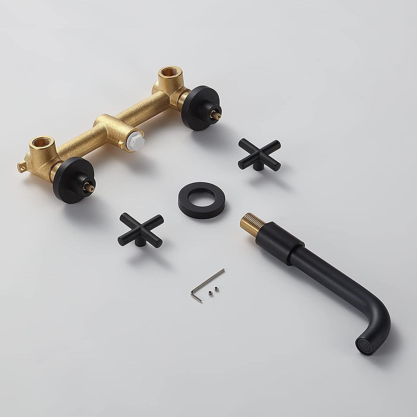 Baterie lavoar, cu montare in perete, din alama, cu 2 manere, negru mat