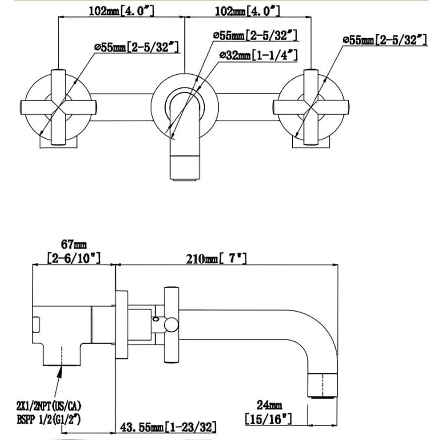 Baterie lavoar, cu montare in perete, din alama, cu 2 manere, negru mat