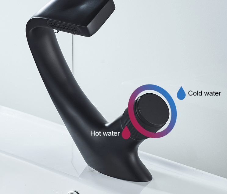 Baterie lavoar cu un singur maner si orificiu, tip cascada, negru cu bronz