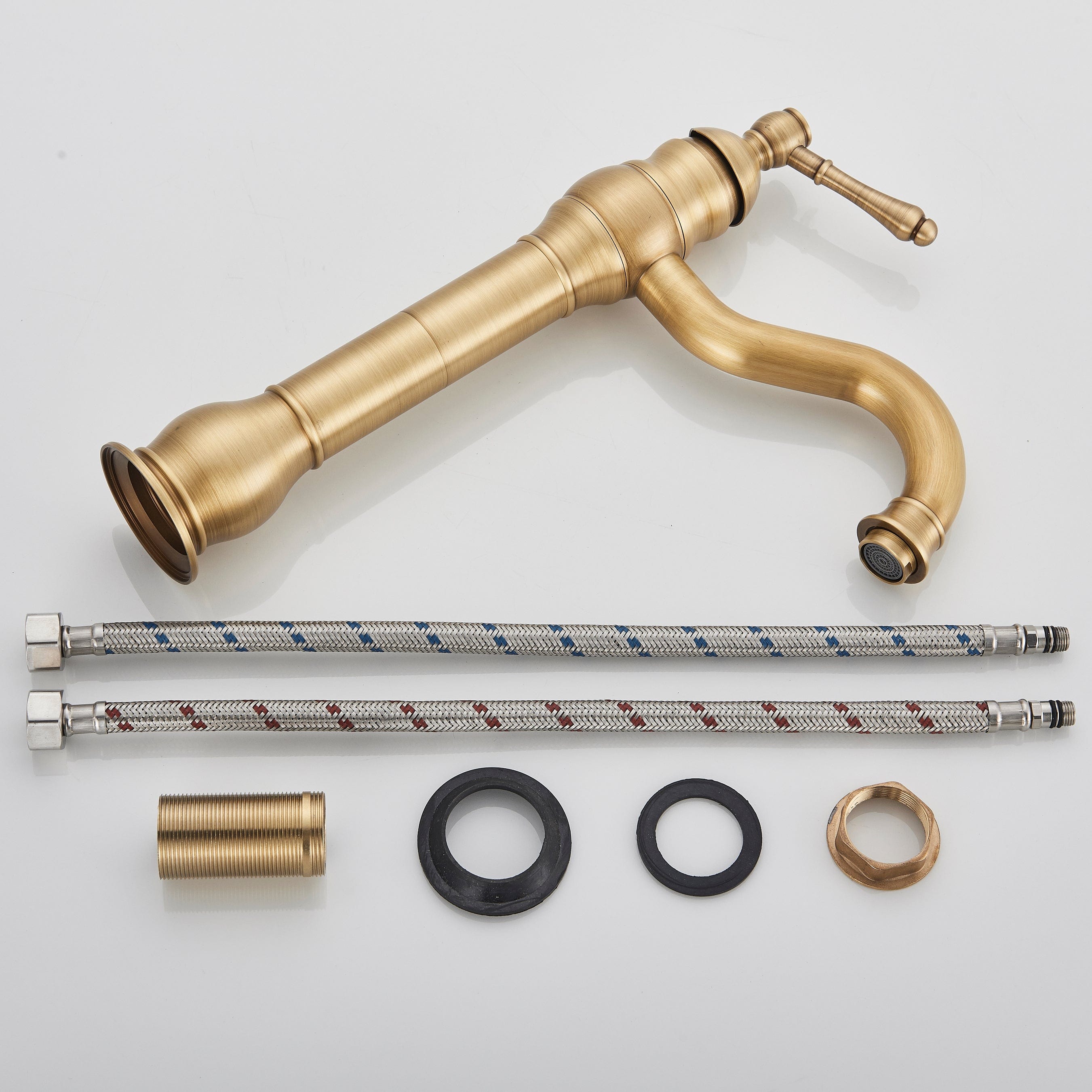 Baterie lavoar retro Groben Nose , montare pe blat, pipa flexibila 360 de grade, aurie antichizata