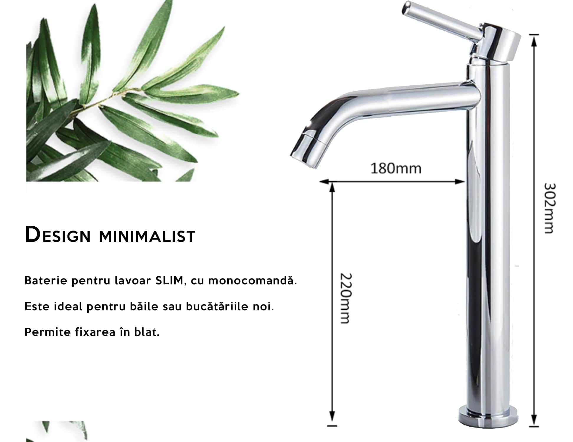 Baterie lavoar slim, cu montare in blat, argintiu cromat