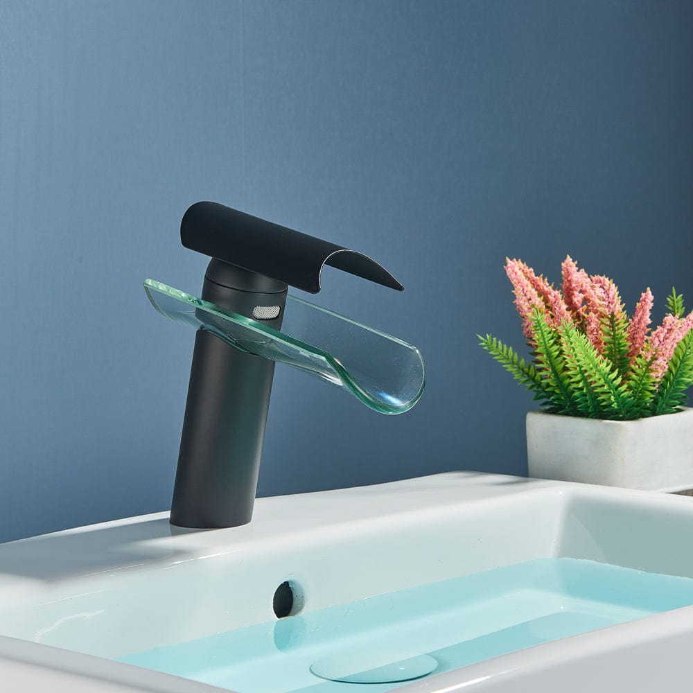 Baterie lavoar, tip cascada, cu un singur orificiu, negru mat