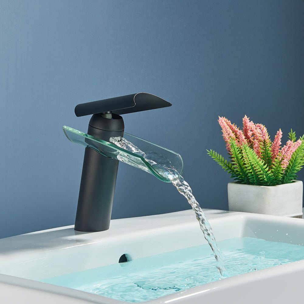 Baterie lavoar, tip cascada, cu un singur orificiu, negru mat