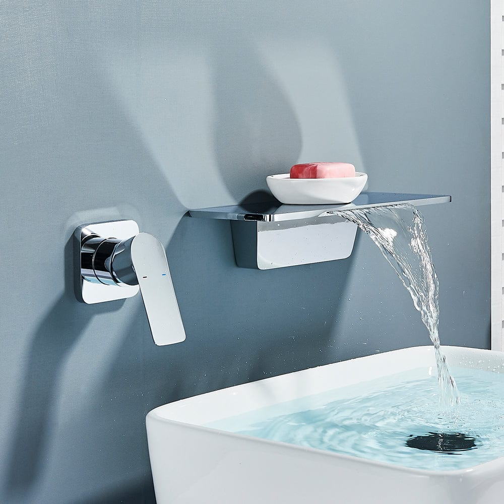 Baterie lavoar Waterfall, argintiu cromat, cu montare in perete, tip cascada