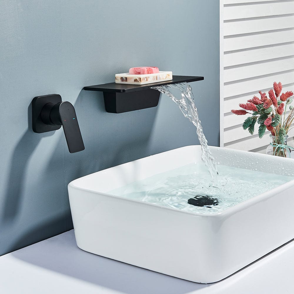 Baterie lavoar Waterfall, negru mat, cu montare in perete, tip cascada