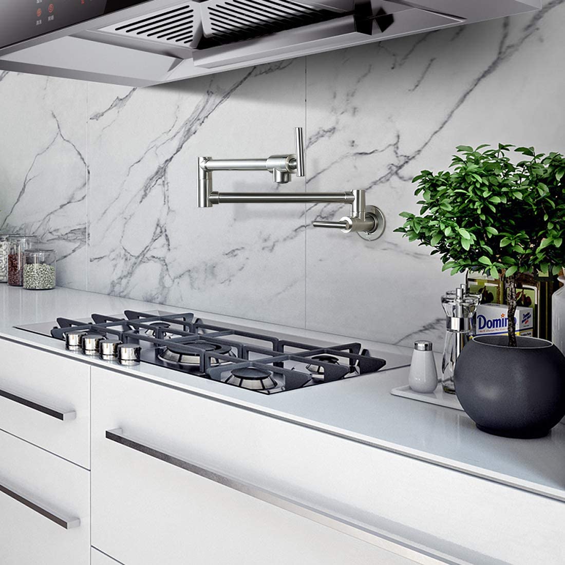 Baterie pentru aragaz din otel masiv, cu montare pe perete si cu brat pliabil, arginitiu nichelat (semilucios)