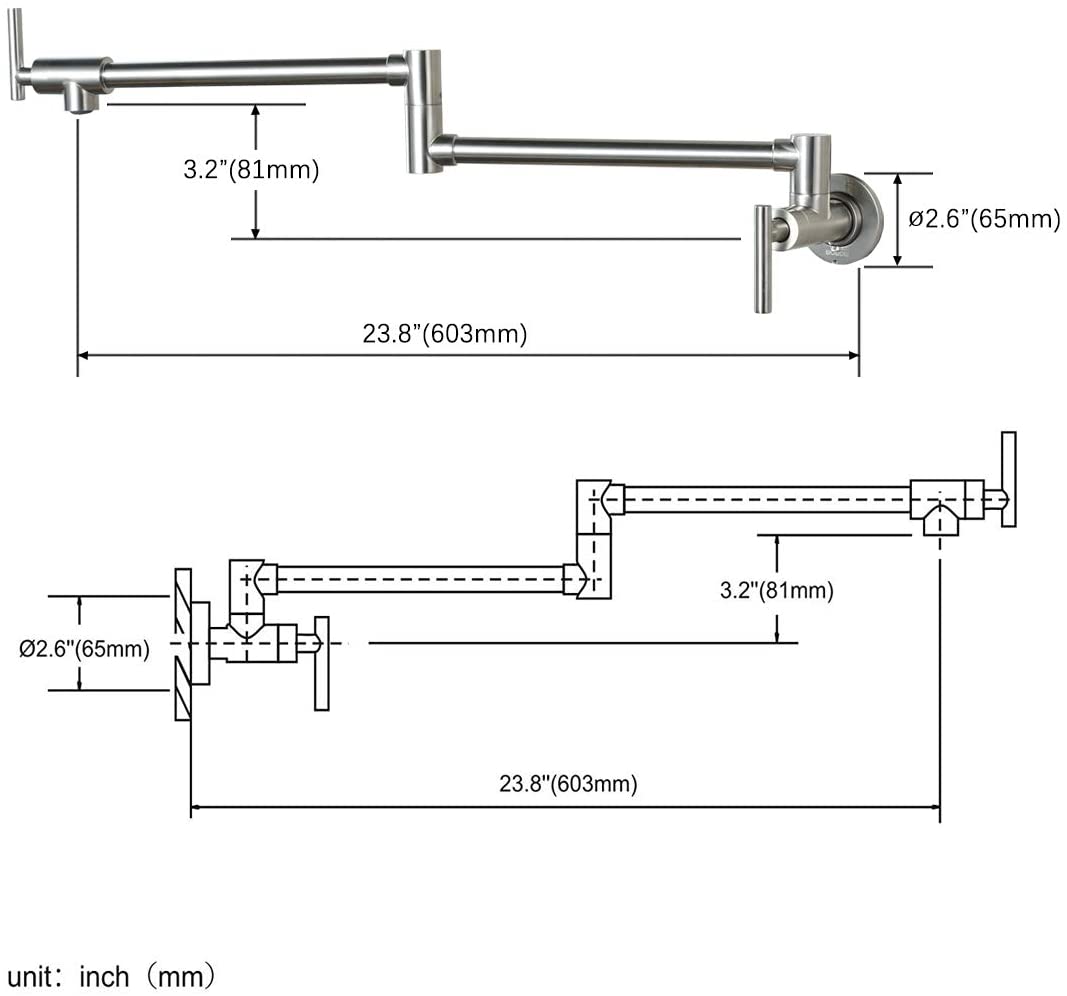 Baterie pentru aragaz din otel masiv, cu montare pe perete si cu brat pliabil, arginitiu nichelat (semilucios)