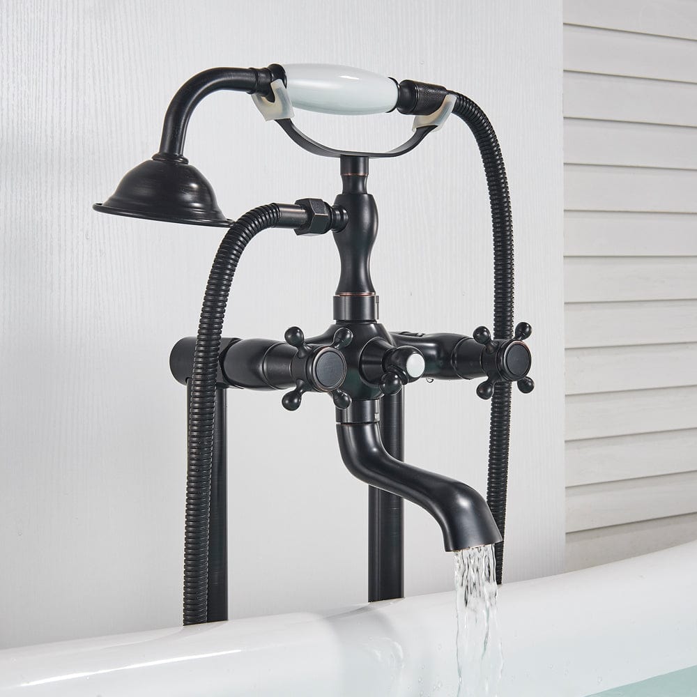 Baterie freestanding retro, negru mat cu bronz pe margine, 2 functii de curgere