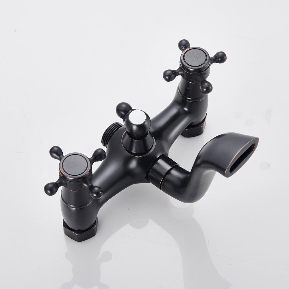 Baterie freestanding retro, negru mat cu bronz pe margine, 2 functii de curgere