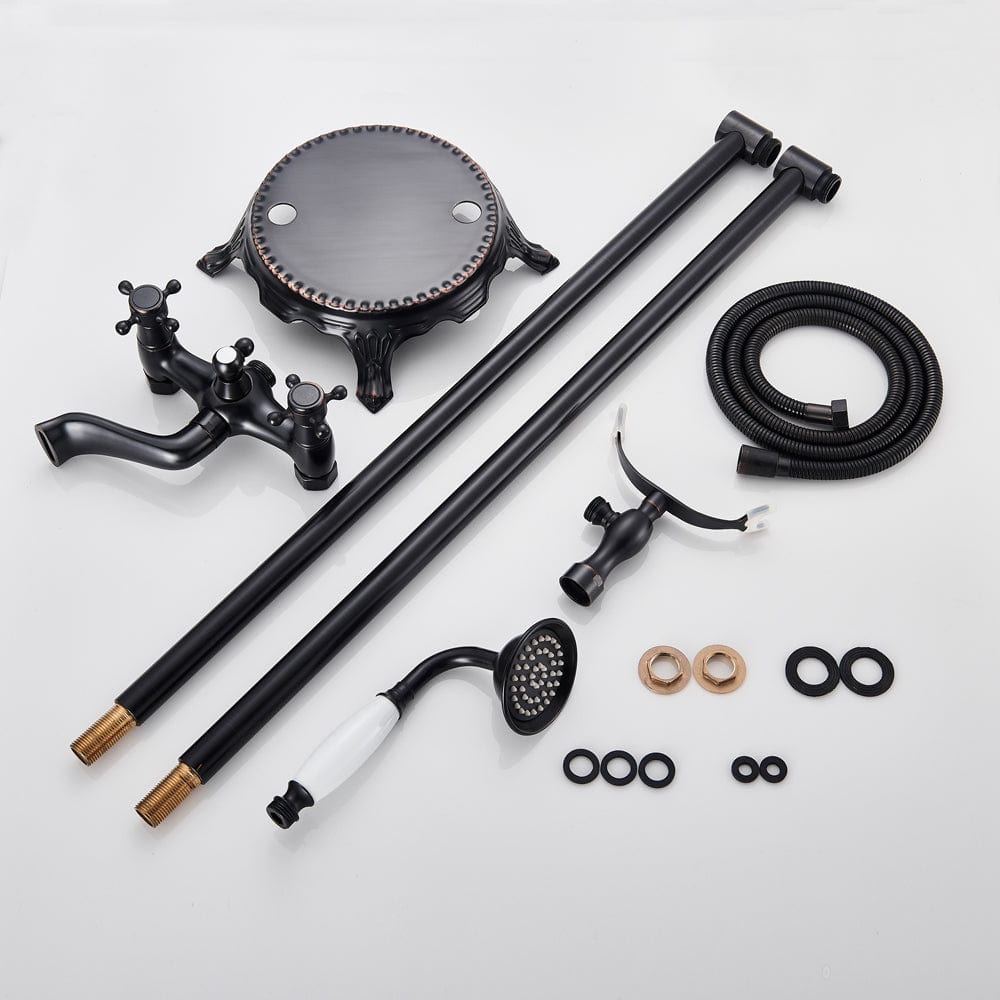 Baterie freestanding retro, negru mat cu bronz pe margine, 2 functii de curgere