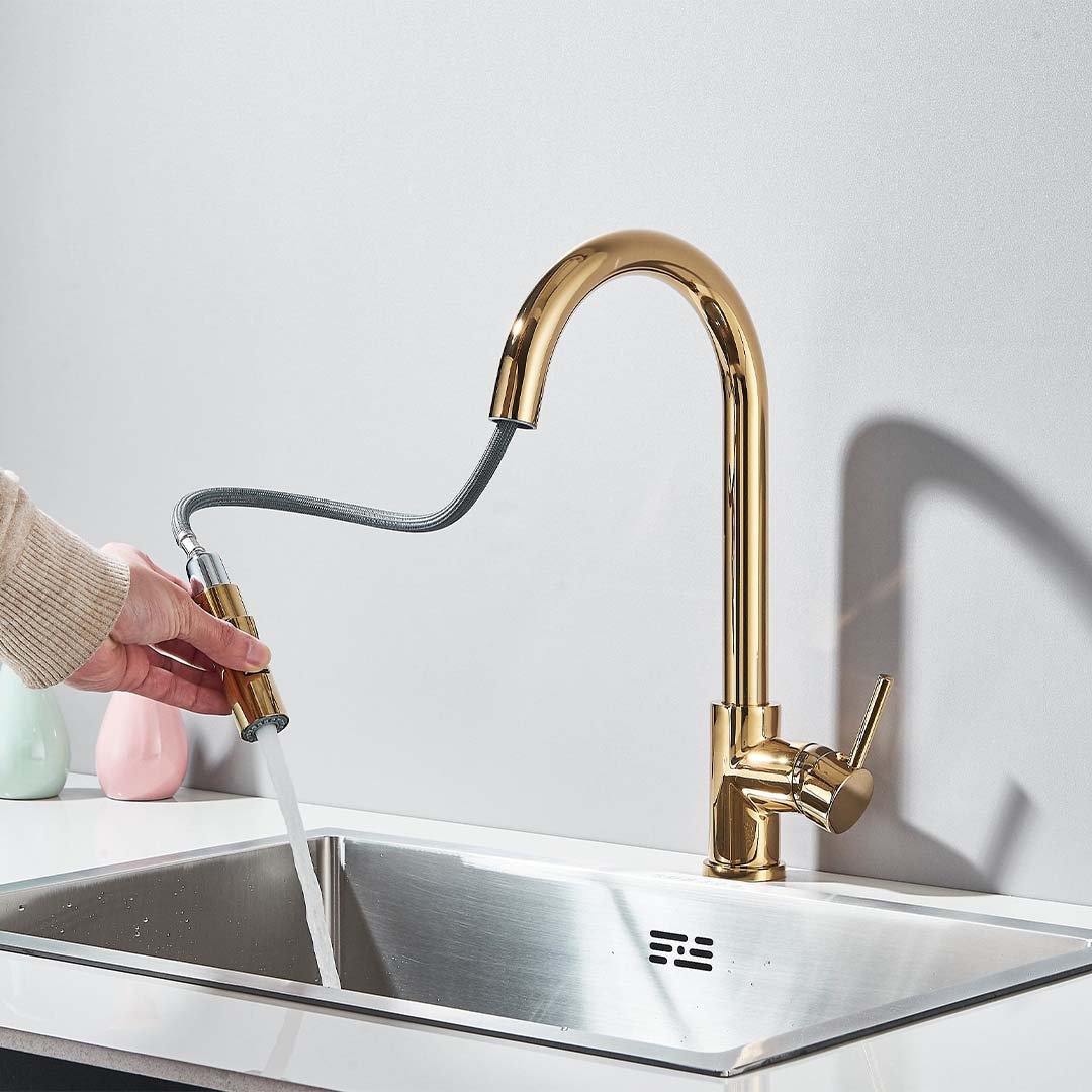 Baterie profesionala, cu dus extractibil, 2 functii de curgere, auriu lucios