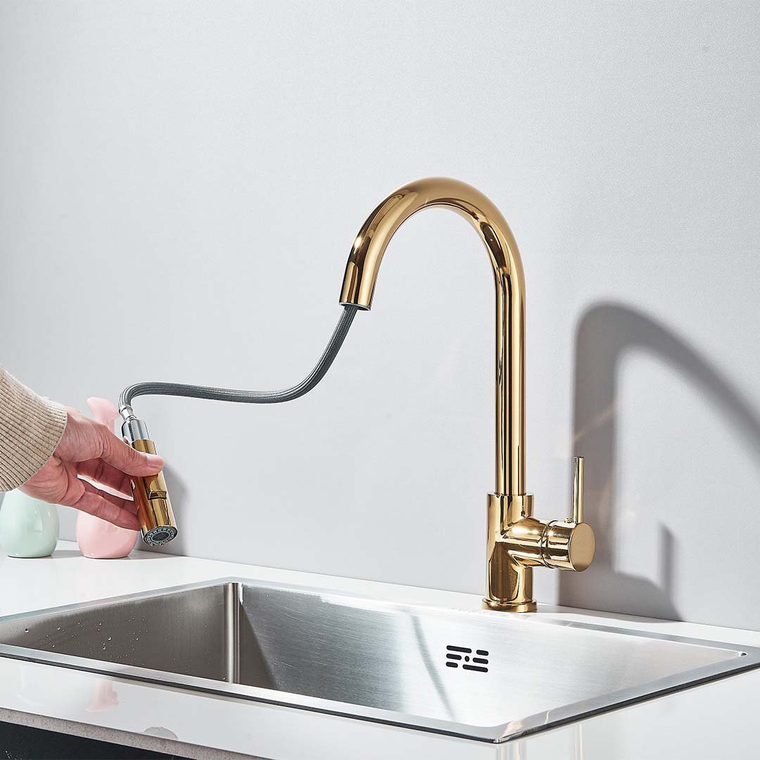 Baterie profesionala, cu dus extractibil, 2 functii de curgere, auriu lucios