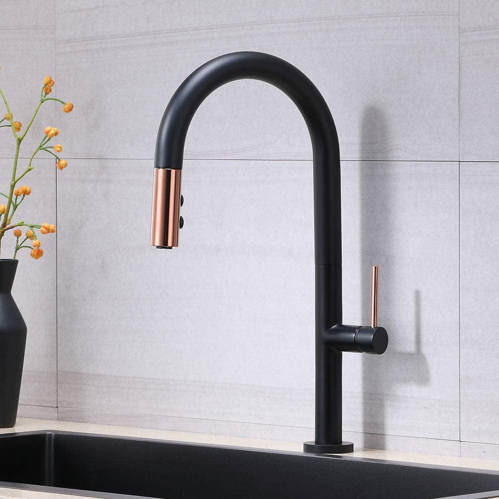 Baterie profesionala de bucatarie, cu dus extractibil, 2 functii de curgere, negru mat cu rose gold