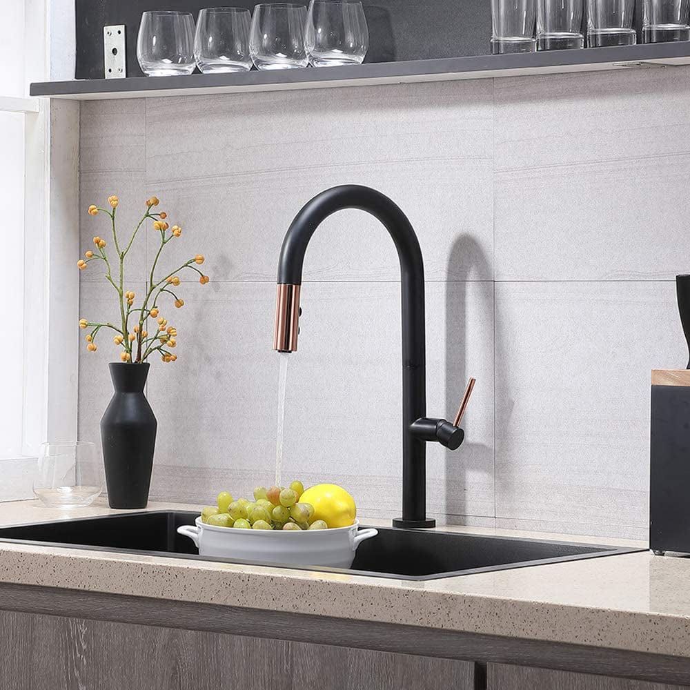 Baterie profesionala de bucatarie, cu dus extractibil, 2 functii de curgere, negru mat cu rose gold