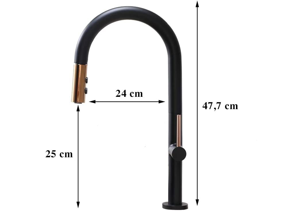 Baterie profesionala de bucatarie, cu dus extractibil, 2 functii de curgere, negru mat cu rose gold