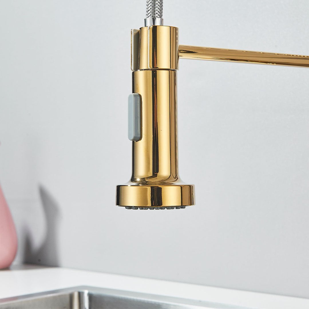 Baterie profesionala de bucatarie, cu dus flexibil, 2 functii de curgere, auriu lucios