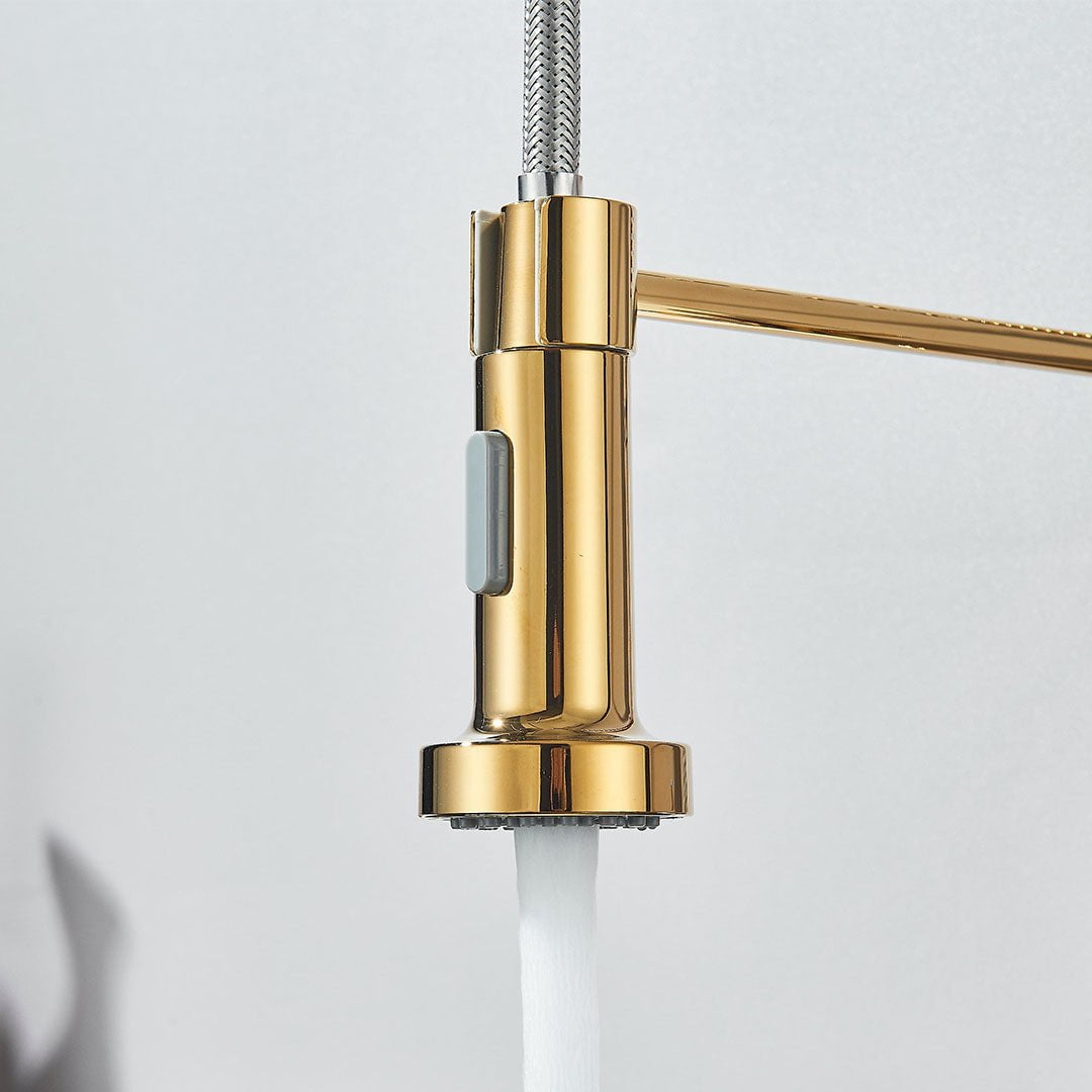 Baterie profesionala de bucatarie, cu dus flexibil, 2 functii de curgere, auriu lucios