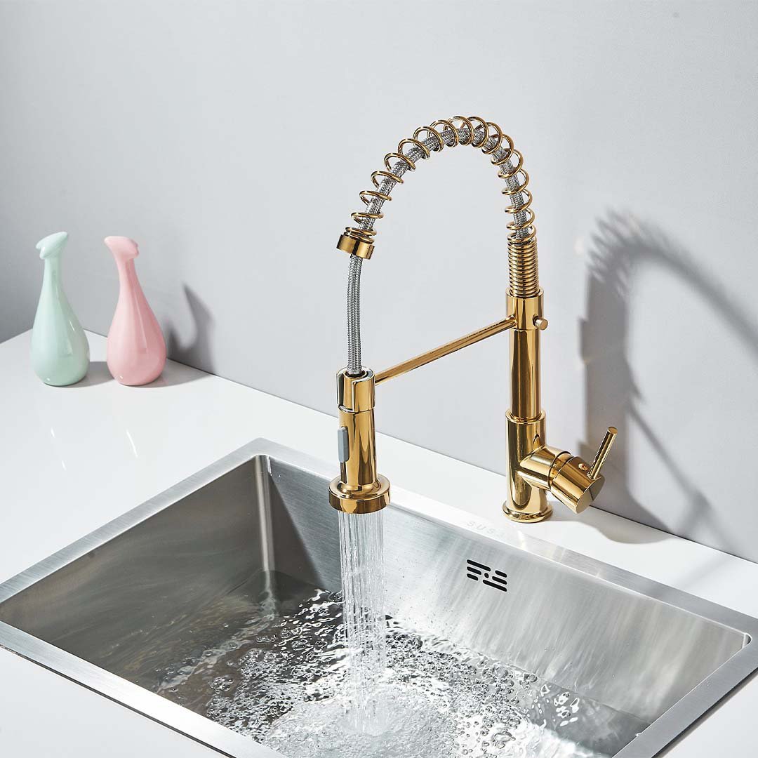 Baterie profesionala de bucatarie, cu dus flexibil, 2 functii de curgere, auriu lucios