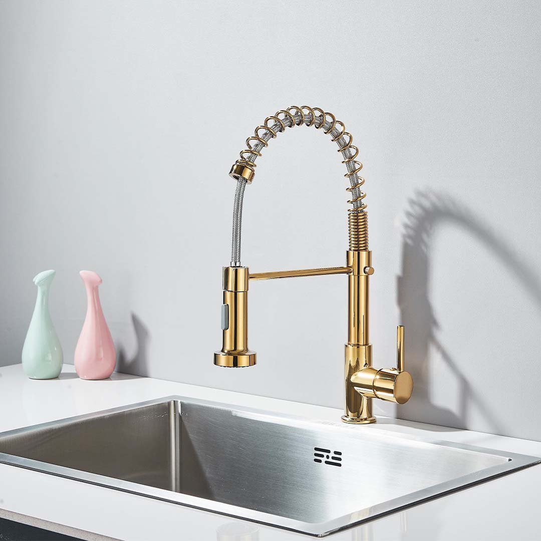 Baterie profesionala de bucatarie, cu dus flexibil, 2 functii de curgere, auriu lucios