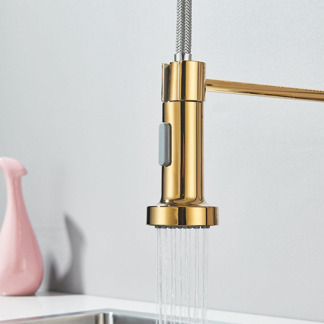 Baterie profesionala de bucatarie, cu dus flexibil, 2 functii de curgere, auriu lucios