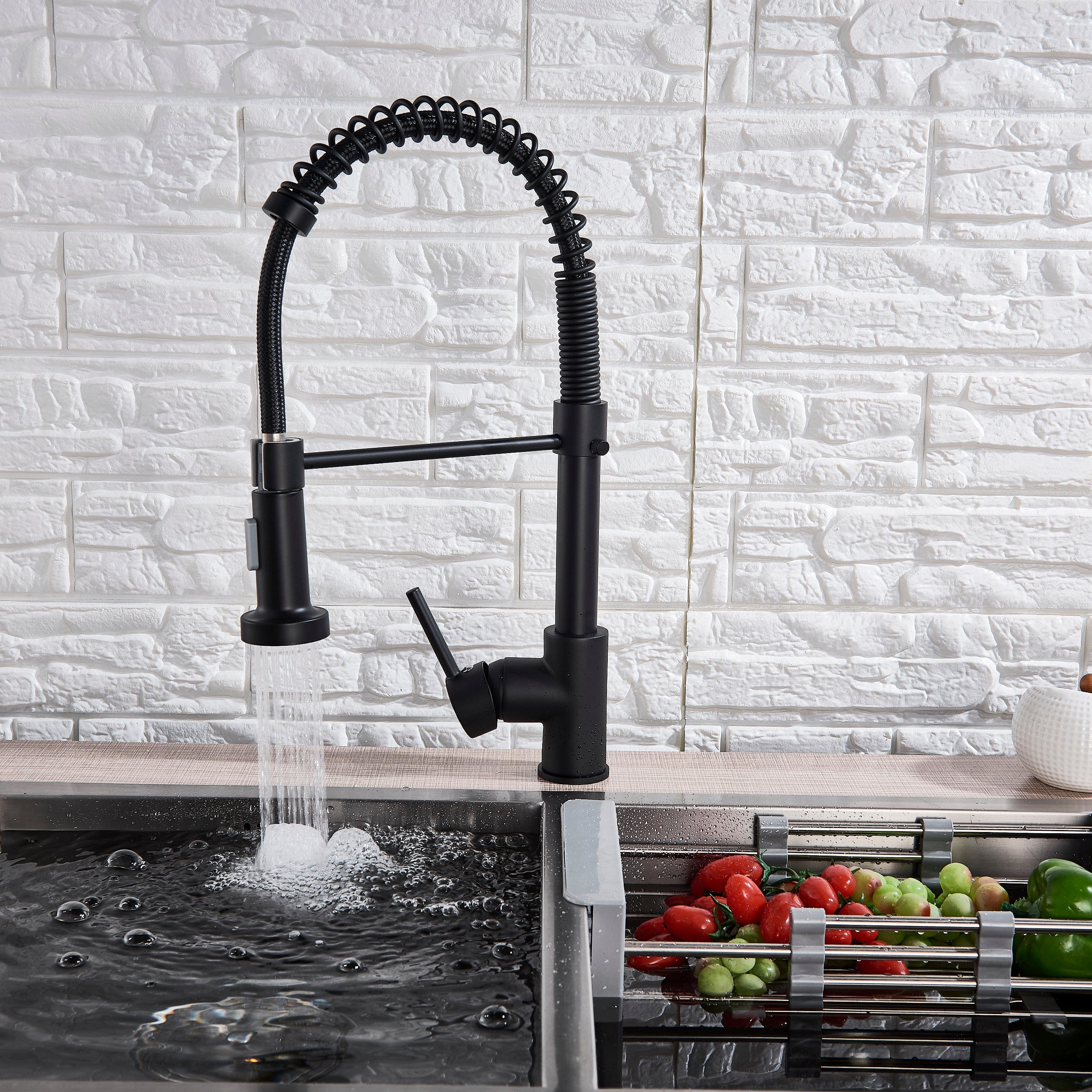 Baterie profesionala de bucatarie, cu dus flexibil, 2 functii de curgere, negru mat