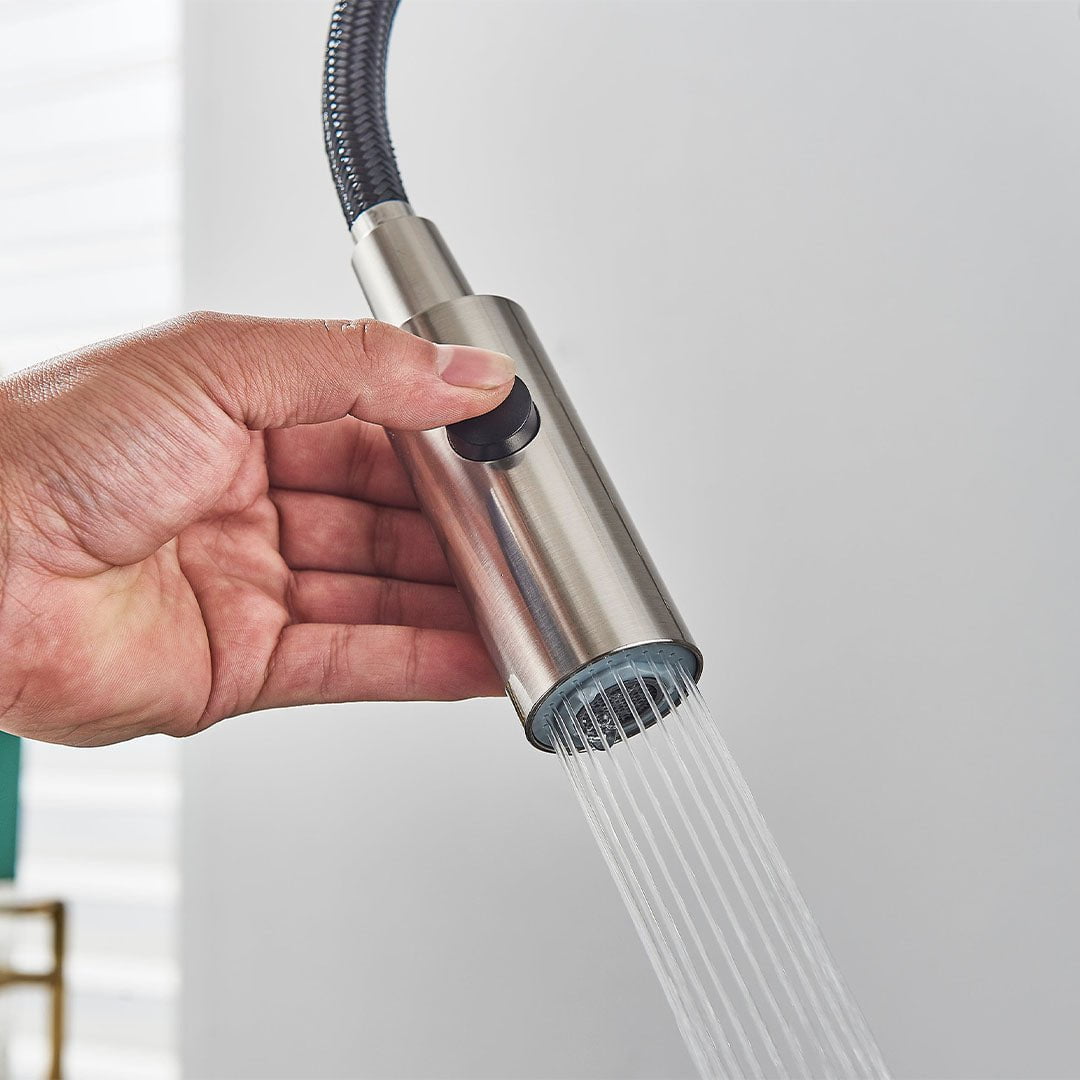 Baterie profesionala de bucatarie, cu dus flexibil, pipa pentru apa filtrata, argintiu lucios