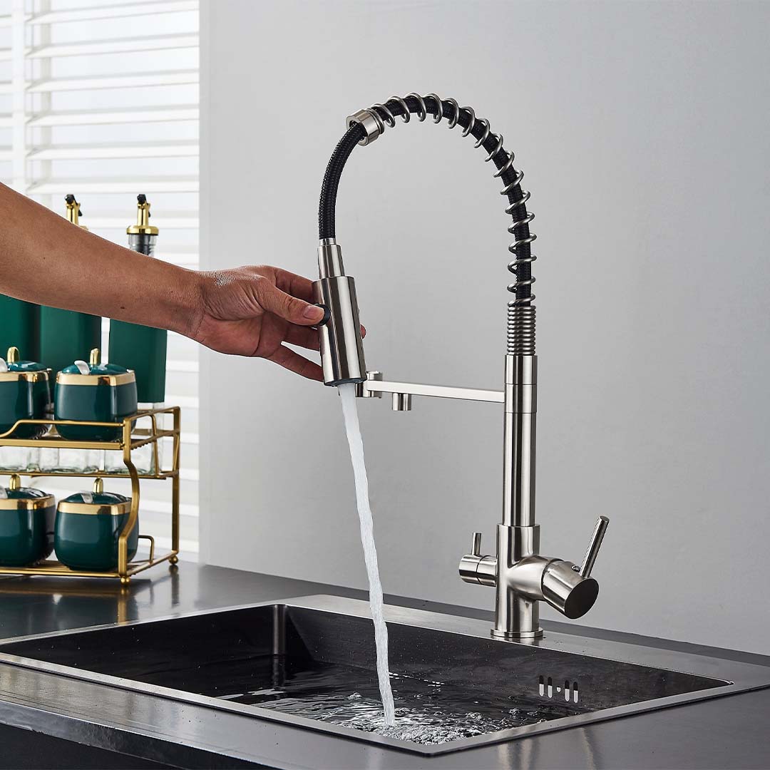 Baterie profesionala de bucatarie, cu dus flexibil, pipa pentru apa filtrata, argintiu lucios