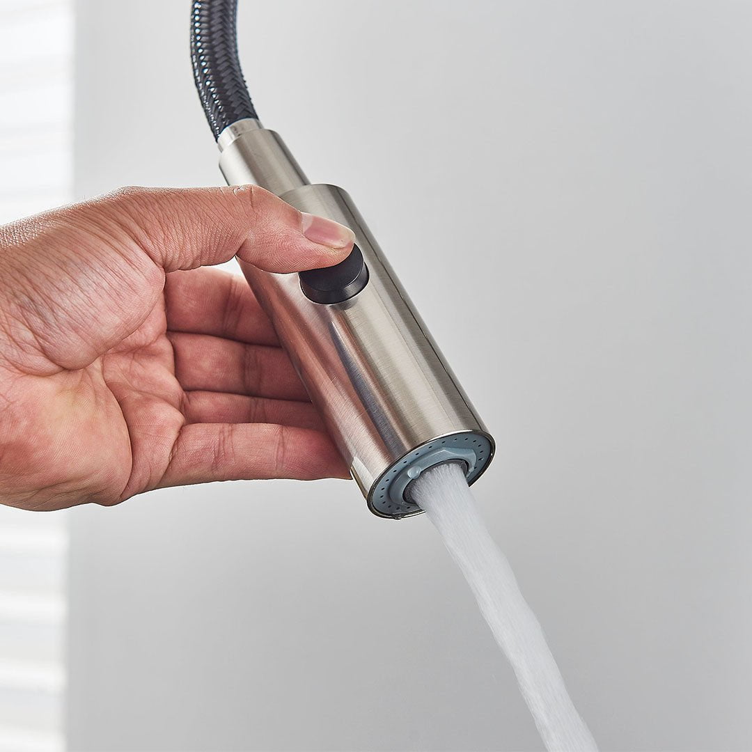 Baterie profesionala de bucatarie, cu dus flexibil, pipa pentru apa filtrata, argintiu lucios