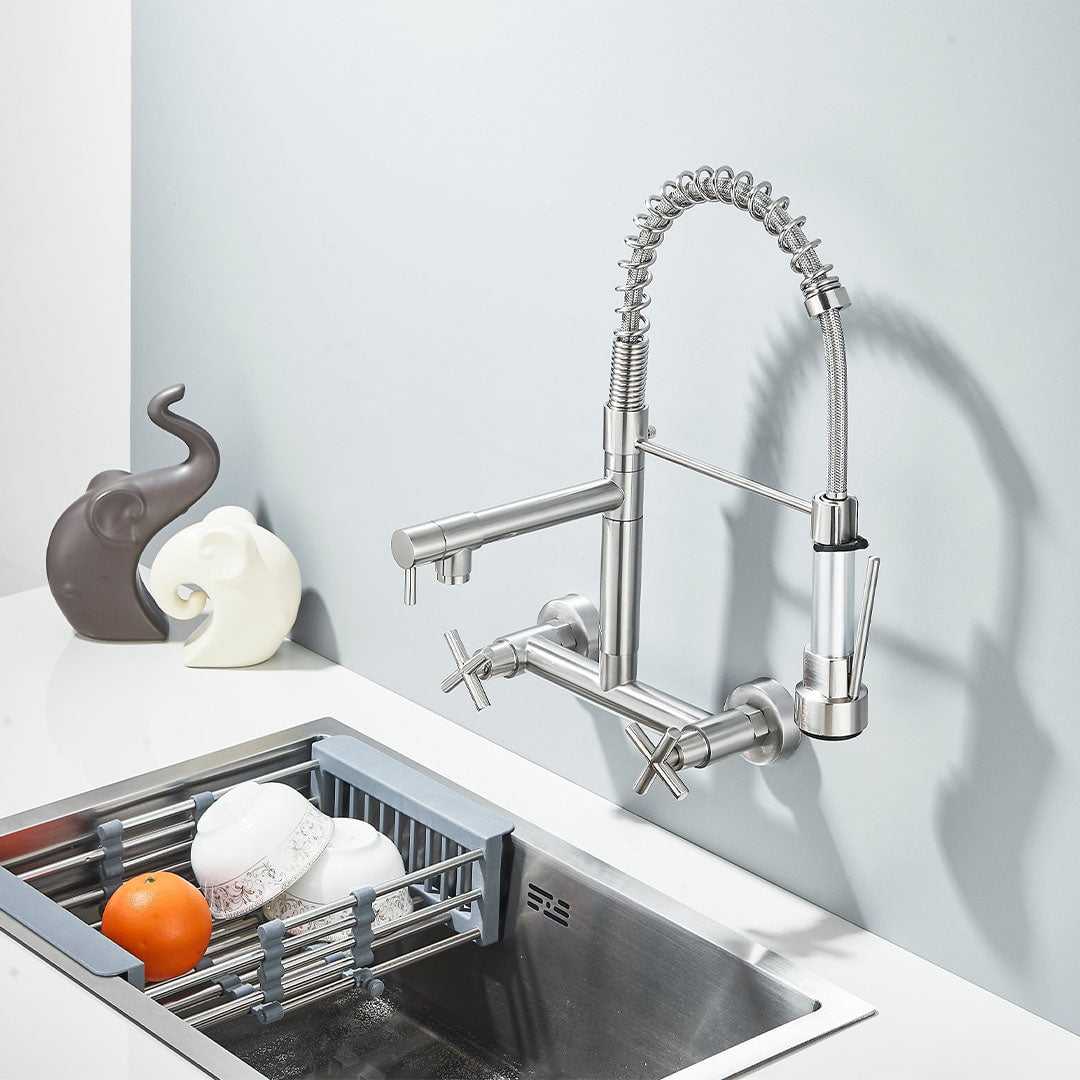 Baterie profesionala de bucatarie, cu dus flexibil, pipa pentru apa filtrata, argintiu lucios