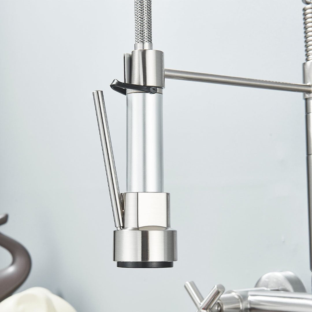 Baterie profesionala de bucatarie, cu dus flexibil, pipa pentru apa filtrata, argintiu lucios