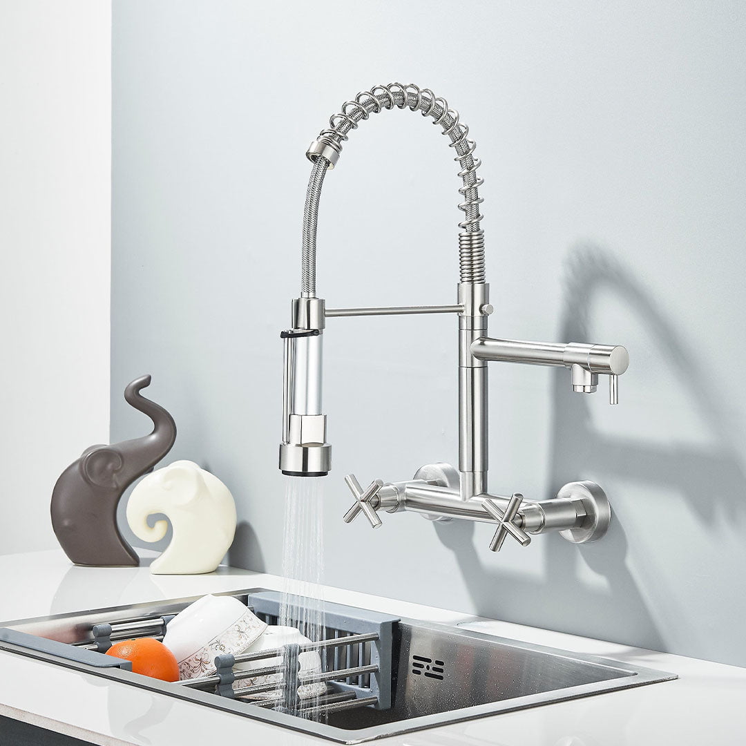 Baterie profesionala de bucatarie, cu dus flexibil, pipa pentru apa filtrata, argintiu lucios