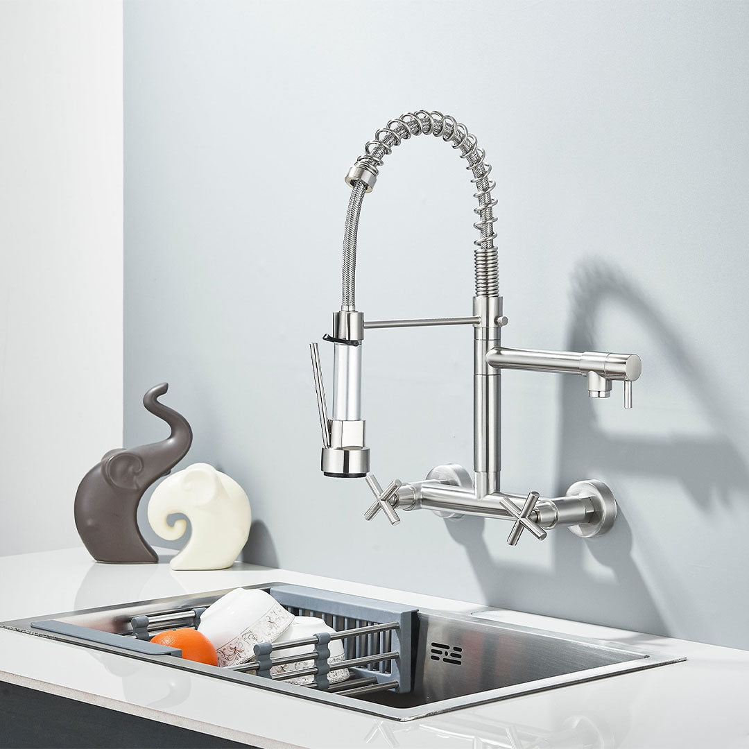 Baterie profesionala de bucatarie, cu dus flexibil, pipa pentru apa filtrata, argintiu lucios