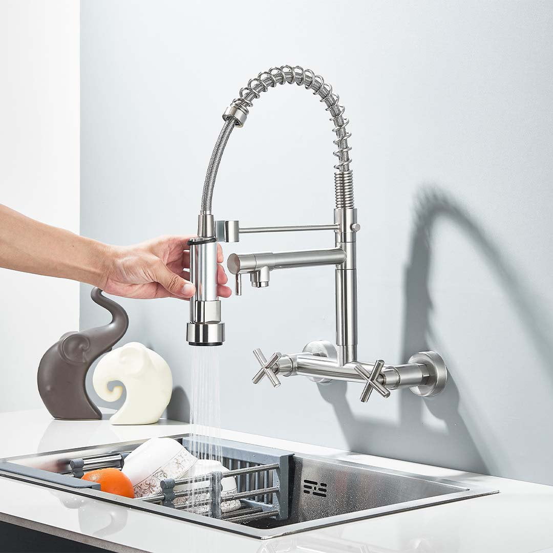 Baterie profesionala de bucatarie, cu dus flexibil, pipa pentru apa filtrata, argintiu lucios