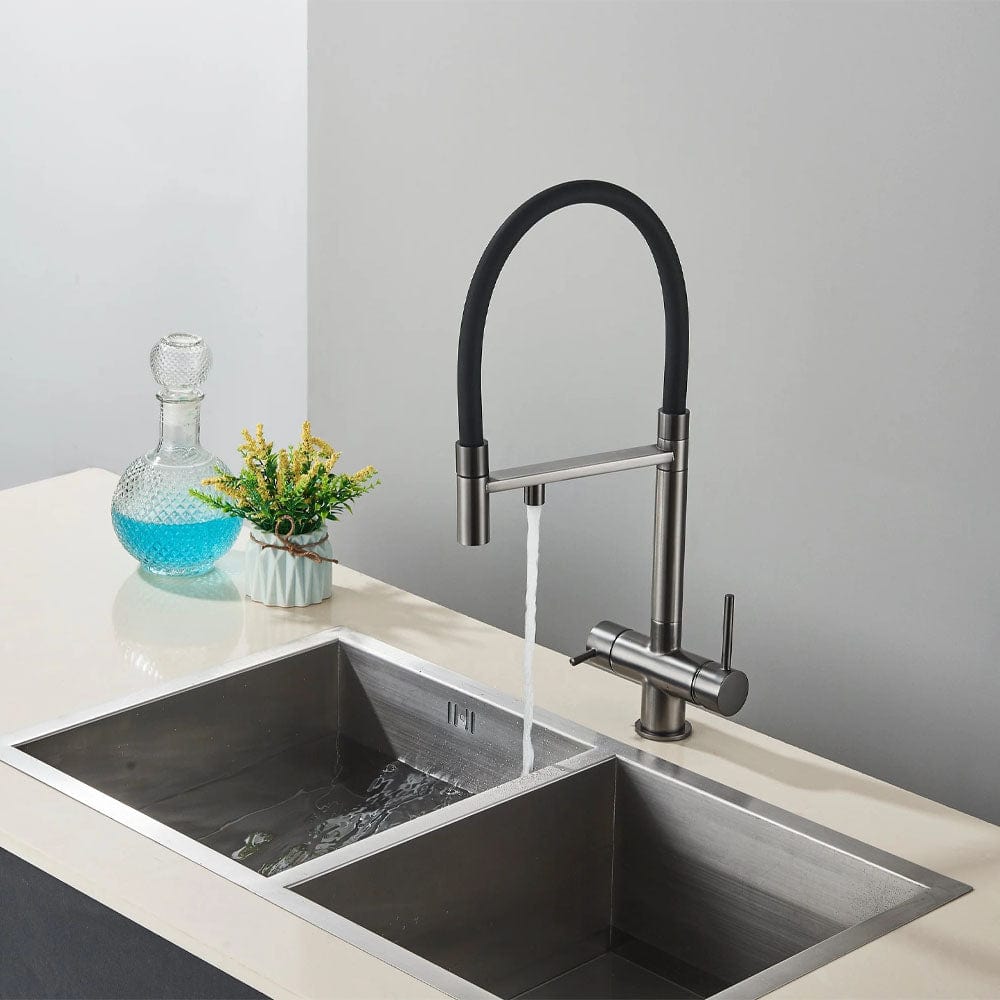 Baterie profesionala de bucatarie, cu dus flexibil, pipa pentru apa filtrata, argintiu/negru