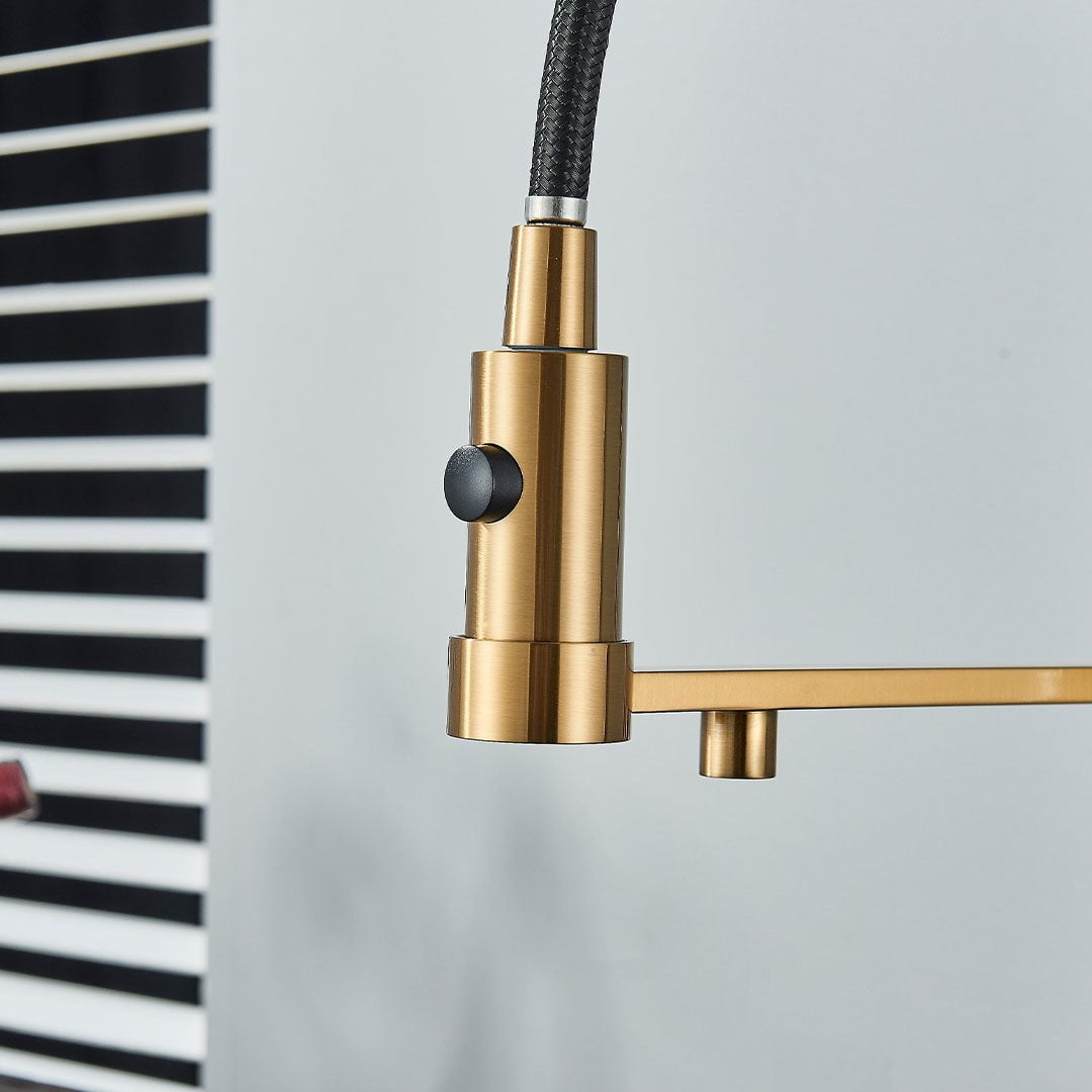 Baterie profesionala de bucatarie, cu dus flexibil, pipa pentru apa filtrata, auriu periat