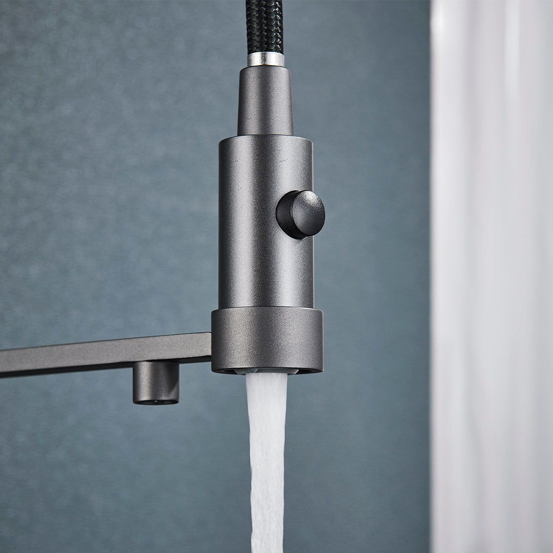 Baterie profesionala de bucatarie, cu dus flexibil, pipa pentru apa filtrata, gri mat