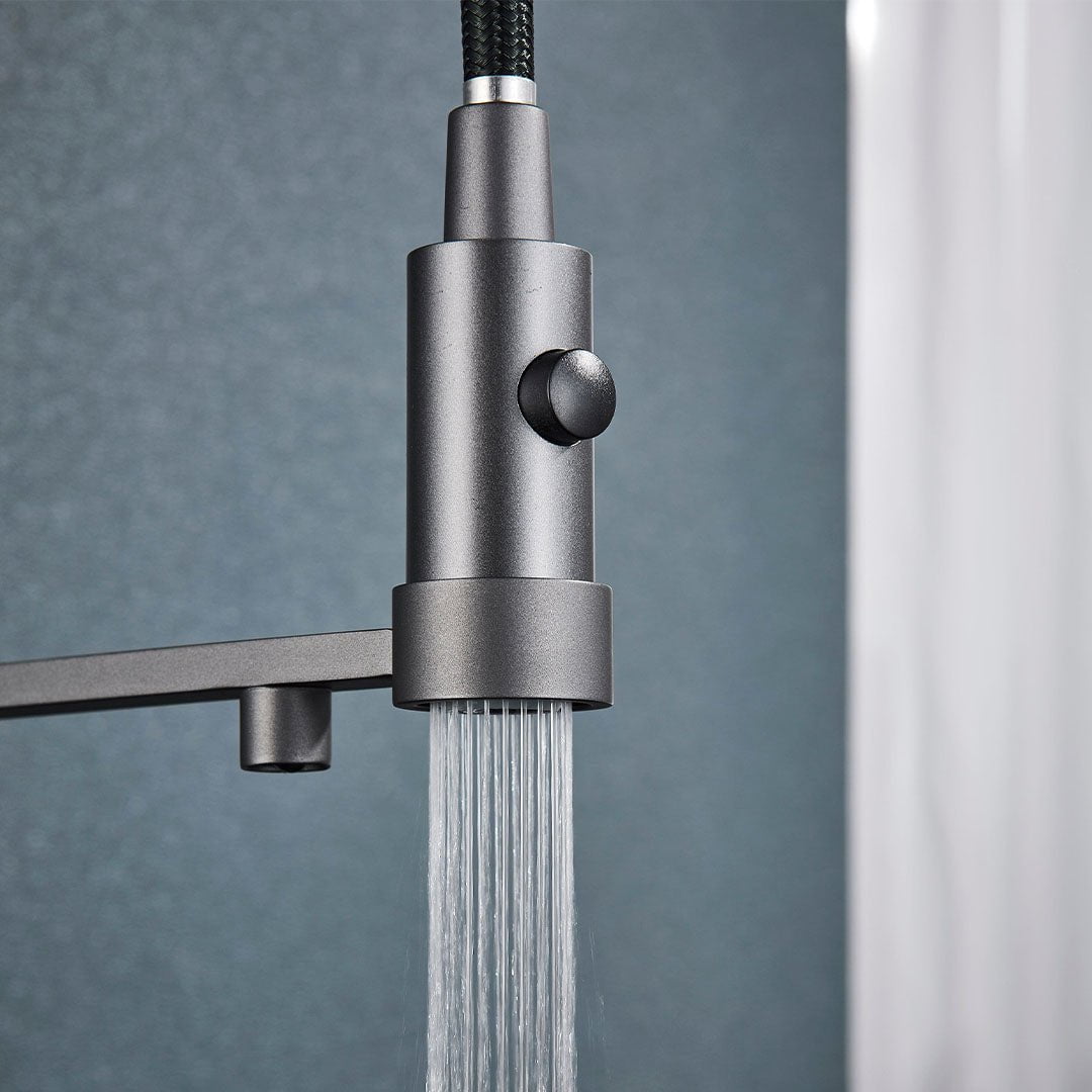 Baterie profesionala de bucatarie, cu dus flexibil, pipa pentru apa filtrata, gri mat