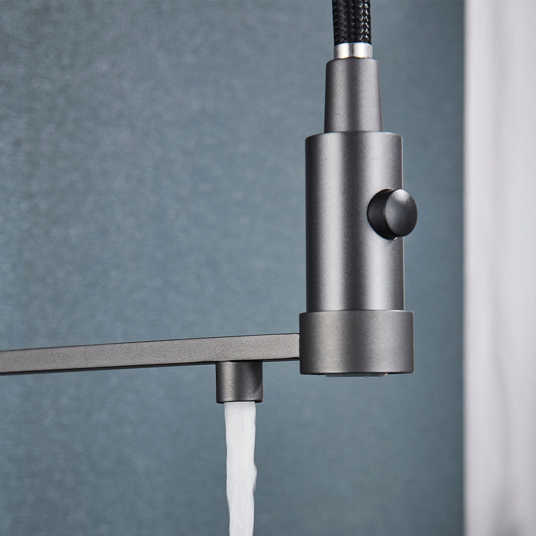 Baterie profesionala de bucatarie, cu dus flexibil, pipa pentru apa filtrata, gri mat