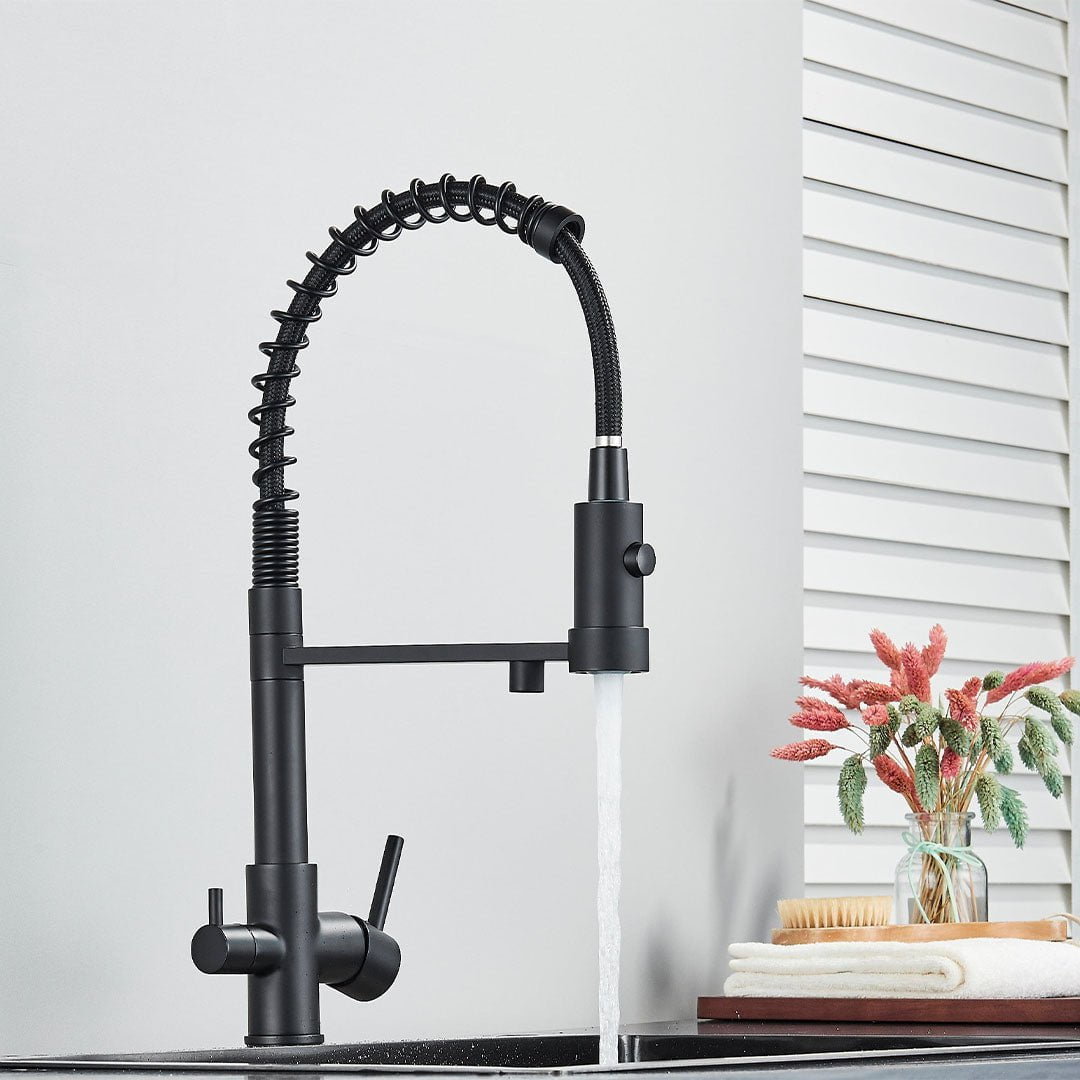 Baterie profesionala de bucatarie, cu dus flexibil, pipa pentru apa filtrata, negru mat
