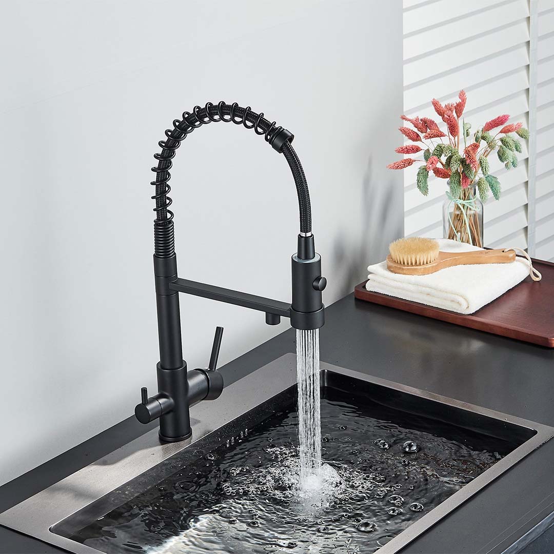 Baterie profesionala de bucatarie, cu dus flexibil, pipa pentru apa filtrata, negru mat