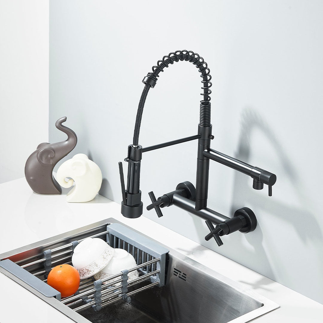 Baterie profesionala de bucatarie, cu dus flexibil, pipa pentru apa filtrata, negru mat