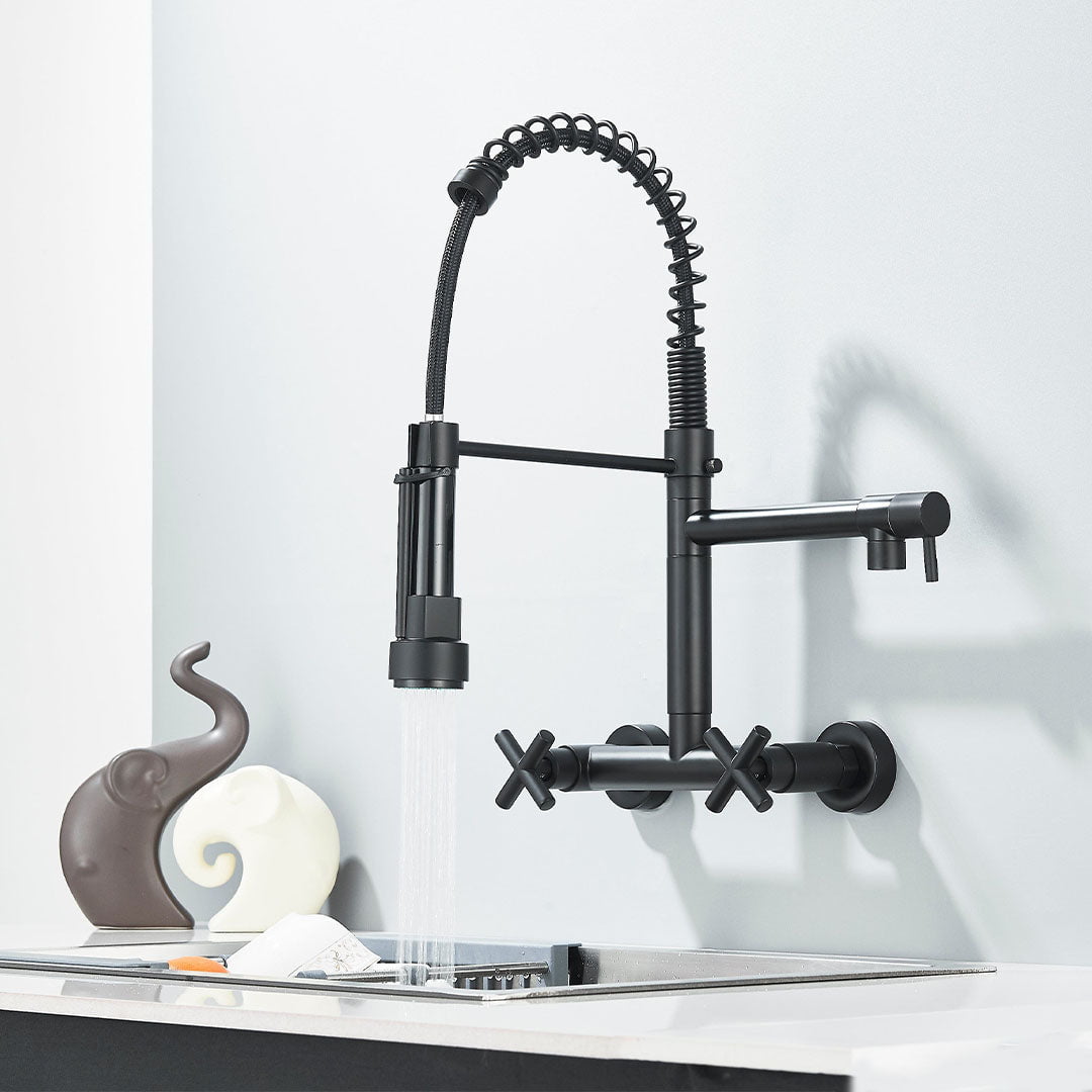 Baterie profesionala de bucatarie, cu dus flexibil, pipa pentru apa filtrata, negru mat
